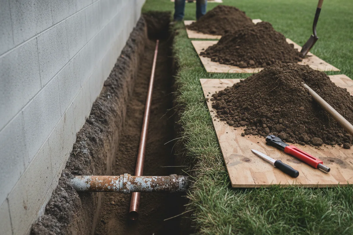 Excavated water line trench during Sewer Line Repair in Avenue